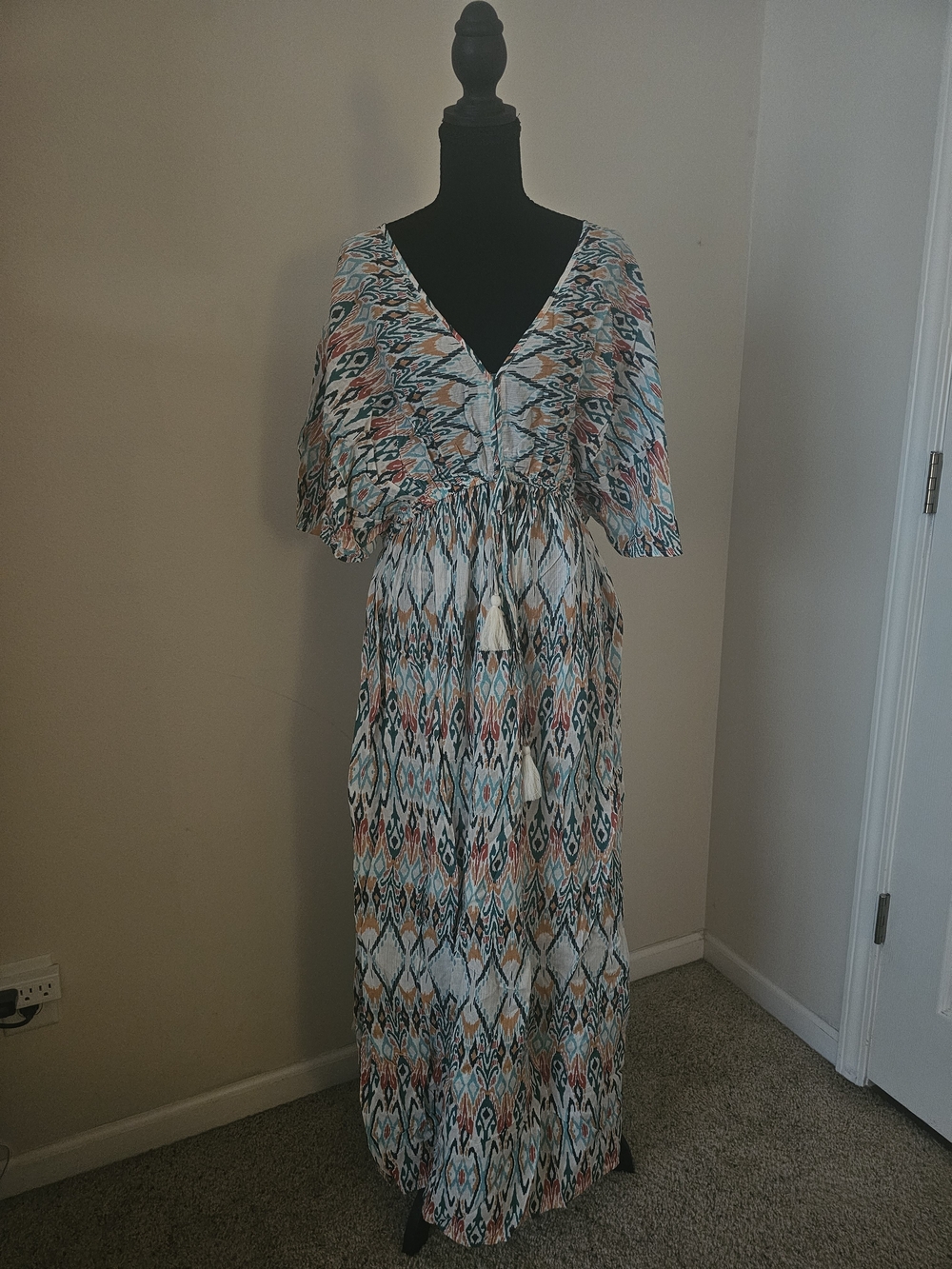 Cost Plus World Market Teal & Coral Printed V-Neck Maxi Dress
